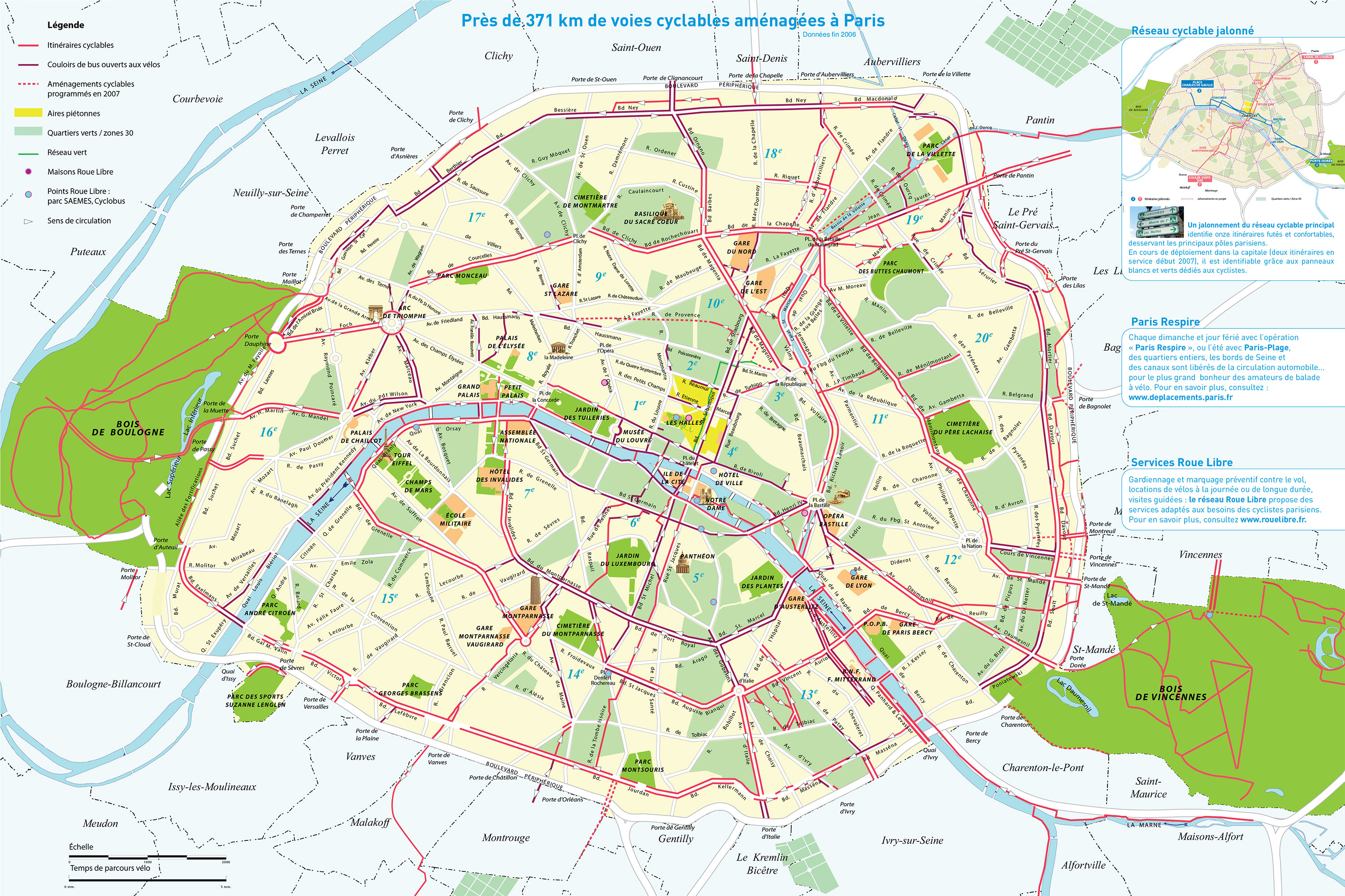 Karte und plan die radwege und stationen von Paris