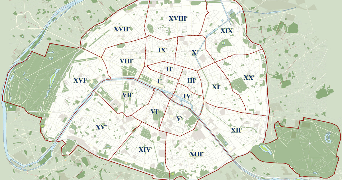 Karte und plan die 20 bezirke (arrondissements) und